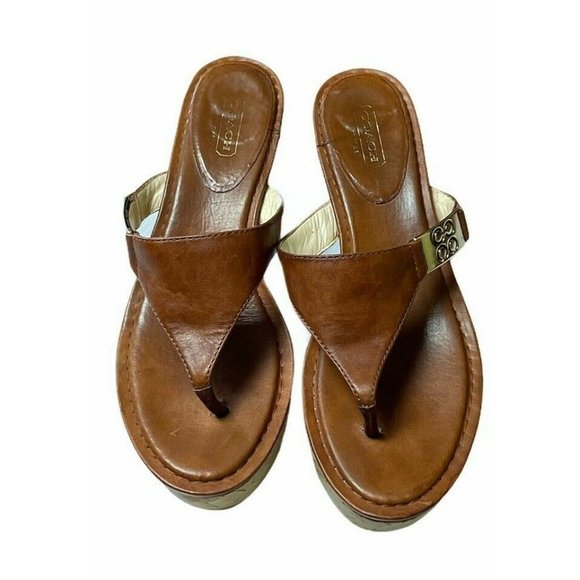 Coach Jan Cork Leather Cork Wedge Sandals Cognac - Picture 3 of 11
